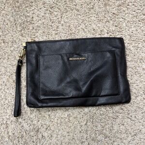 Michael Kors Black Pebbled Leather Wristlet Clutch Gold Hardware Phone Wallet
